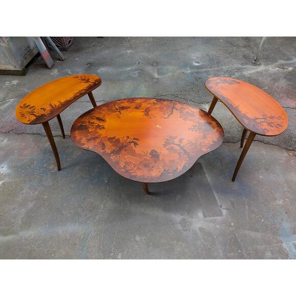 Buchschmid & Gretaux Inlay Inlaid Marquetry 3 pc. Coffee table and 2 End Tables - Picture 2 of 16